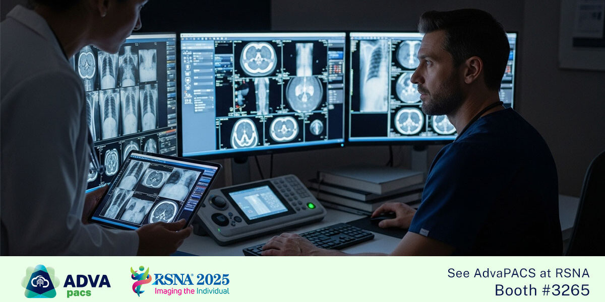 rsna-2025-cloud-pacs-advapacs-hero Radiologists and clinicians collaborating through AdvaPACS cloud PACS platform at RSNA 2025