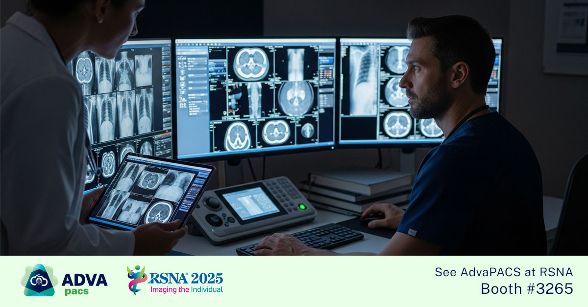 Radiologists and clinicians collaborating through AdvaPACS cloud PACS platform at RSNA 2025